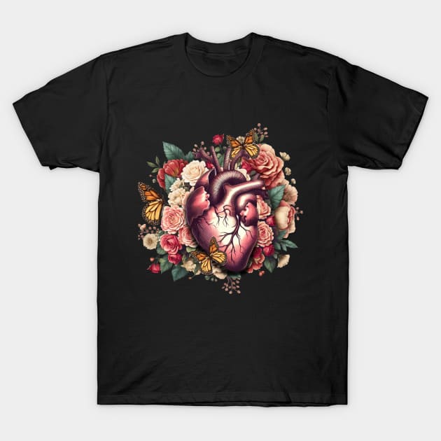 Anantomy Heart watercolor, floral human heart illustration art, flowers, roses, butterflies and floral anatomy art T-Shirt by Collagedream